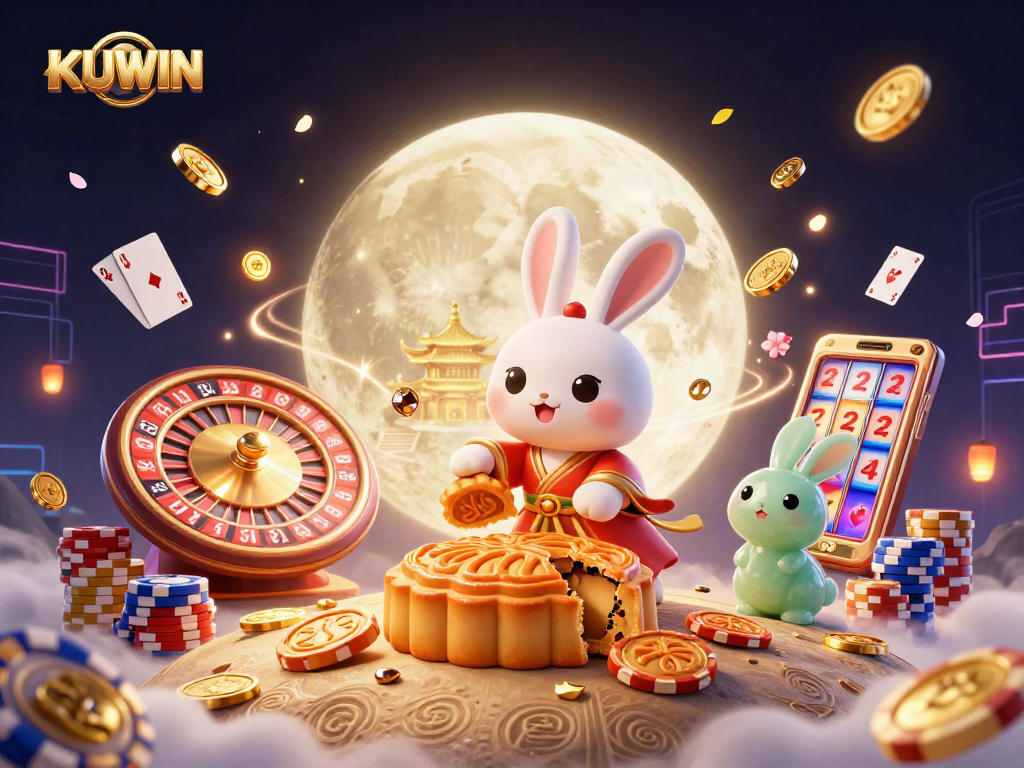 KUWIN delights players with a magical 3D scene featuring a moon rabbit and casino elements.