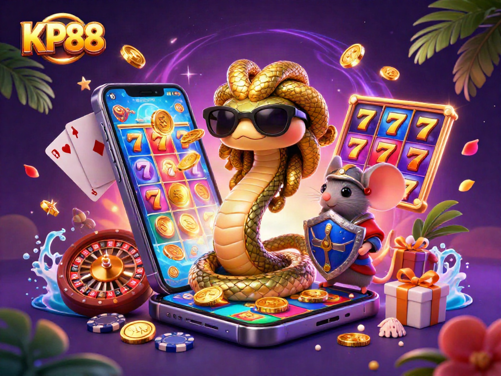 Experience KP88 with a vibrant 3D casino scene featuring Medusa and a warrior mouse amidst dynamic gaming elements.
