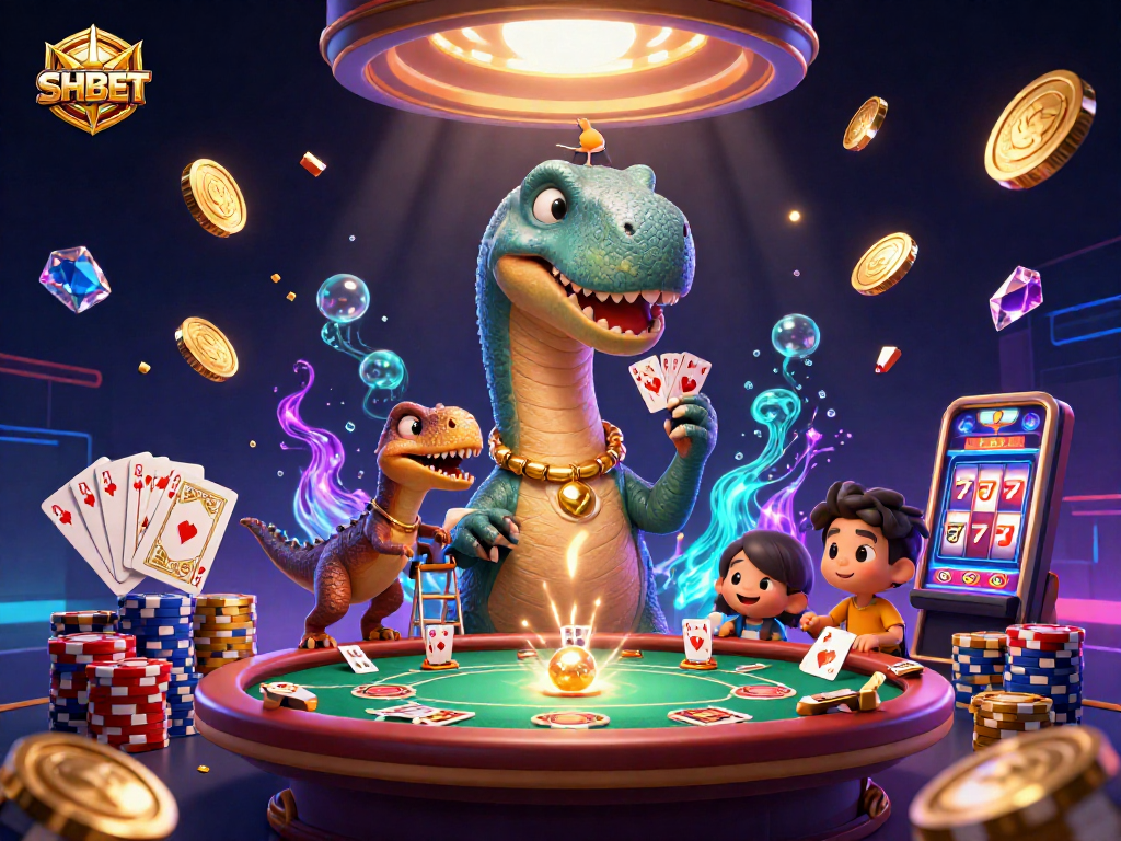 SHBET elevates casino thrills with a towering brontosaurus and clever raptor dealer amidst dazzling gems.