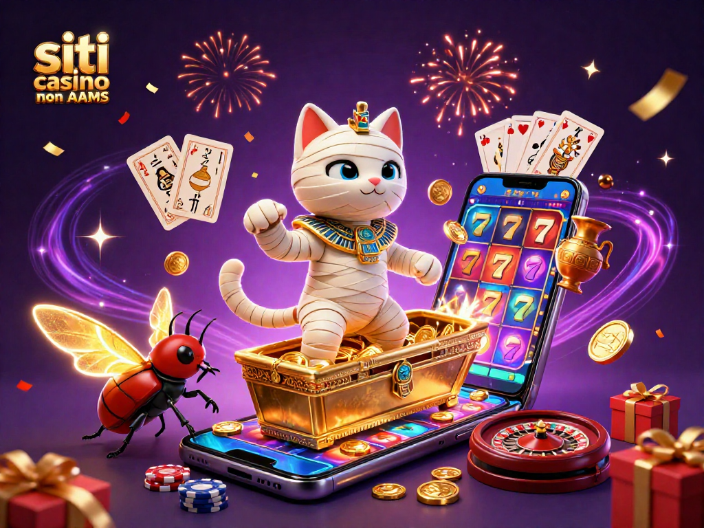 Gioca nei siti casino non AAMS con un'illustrazione di un gatto mummificato egiziano e elementi di gioco.