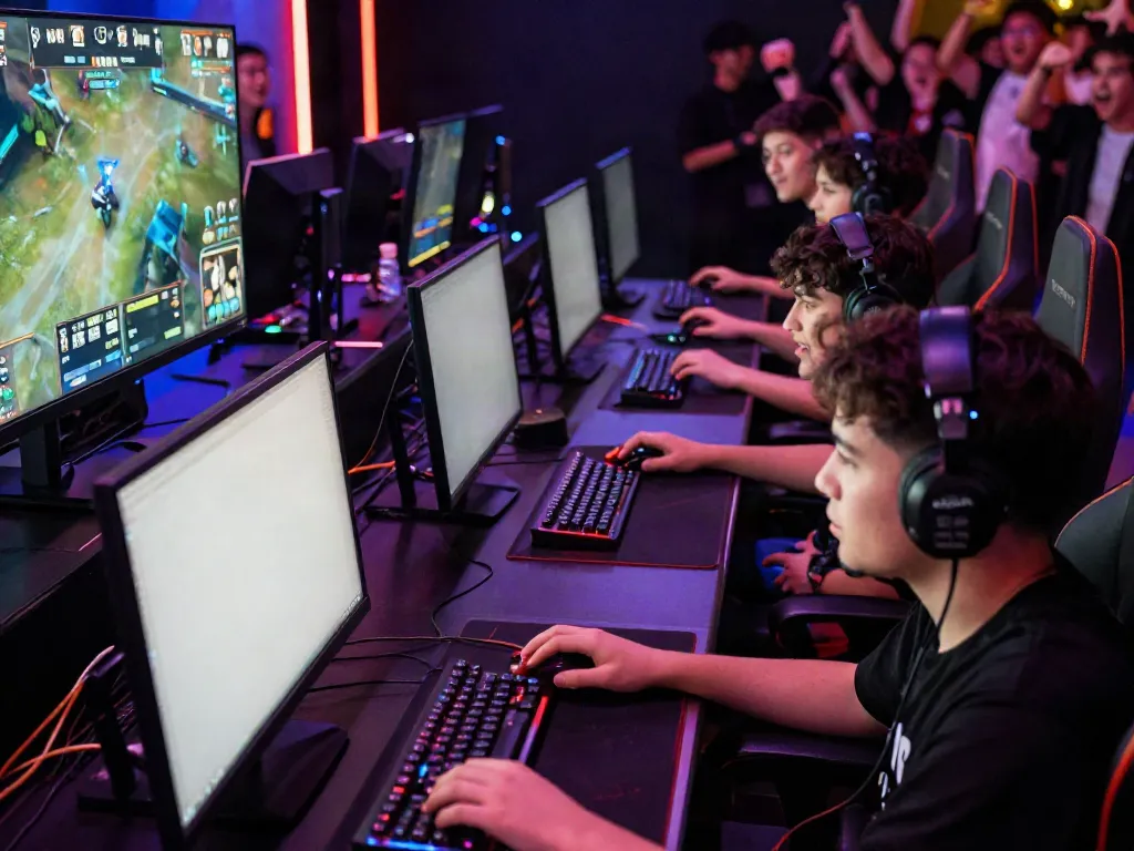 Intense competition scene at juraganbola e-sports gaming arena with young gamers focused on gameplay.