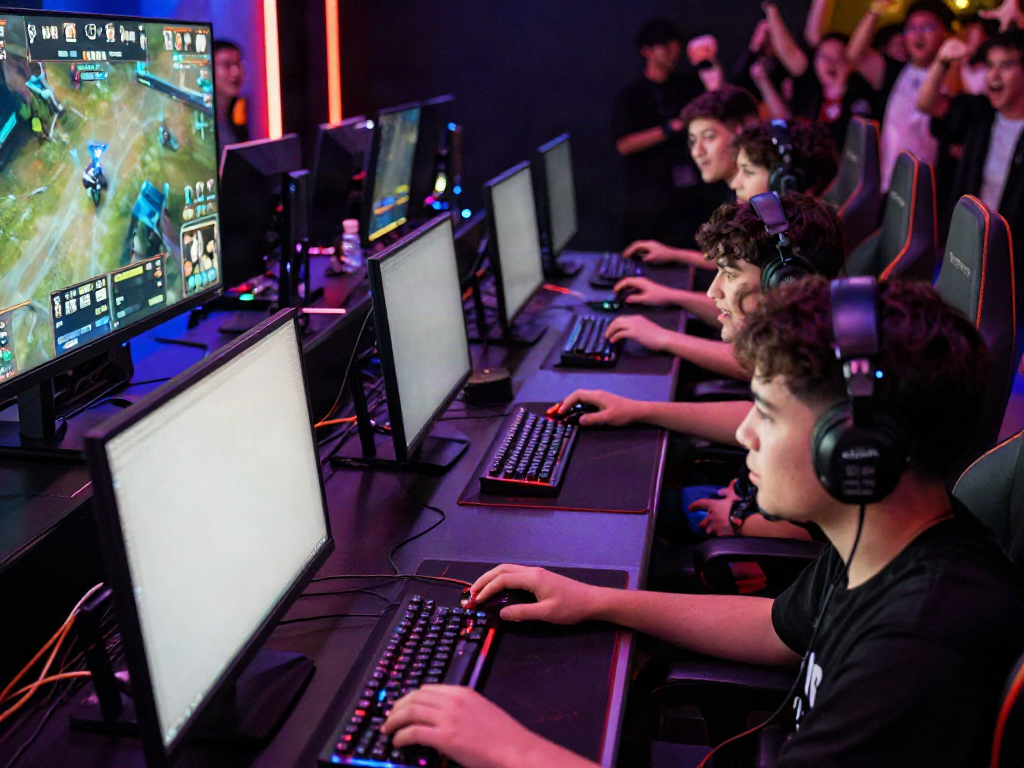 Intense competition scene at juraganbola e-sports gaming arena with young gamers focused on gameplay.