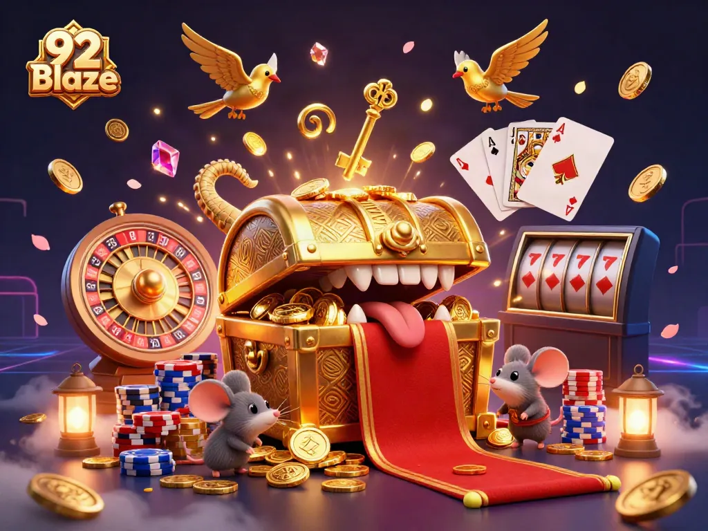 Engage with the vibrant world of 92 Blaze, featuring a treasure chest luring adventurers amidst a dynamic casino setting.