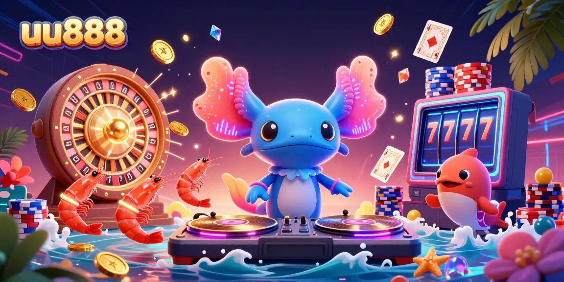 Create exciting winning moments with uu888 where a neon axolotl DJ spins tracks amidst vibrant casino elements.