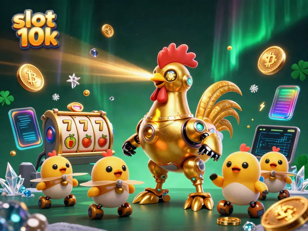 Experience the thrill of slot 10k with a vibrant 3D illustration of a golden rooster robot amidst colorful casino elements.