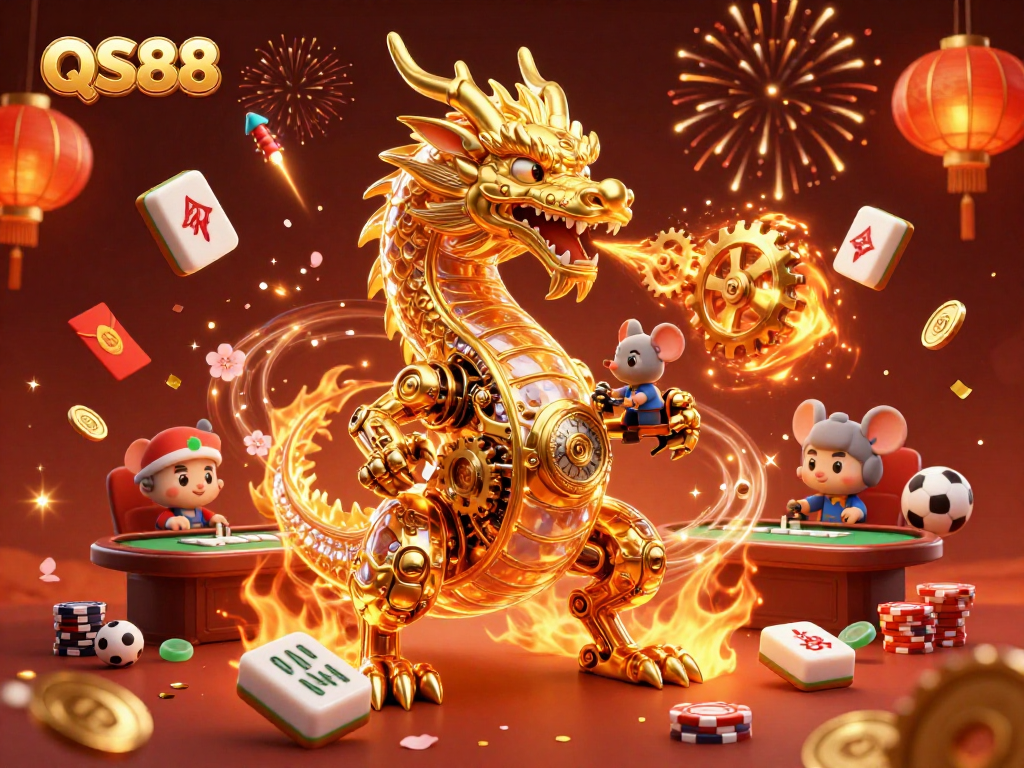 Experience the excitement of QS88, featuring a golden dragon amidst poker tables and vibrant gaming elements.