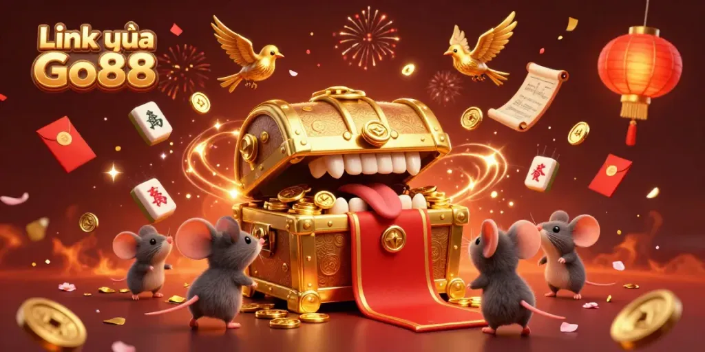 Engage with the riches of Link vào Go88, illustrated by a vibrant 3D scene showcasing golden treasures and festive elements.