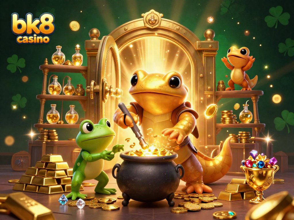 Engage in winning strategies at bk8 casino with vibrant 3D illustration of magical alchemy.