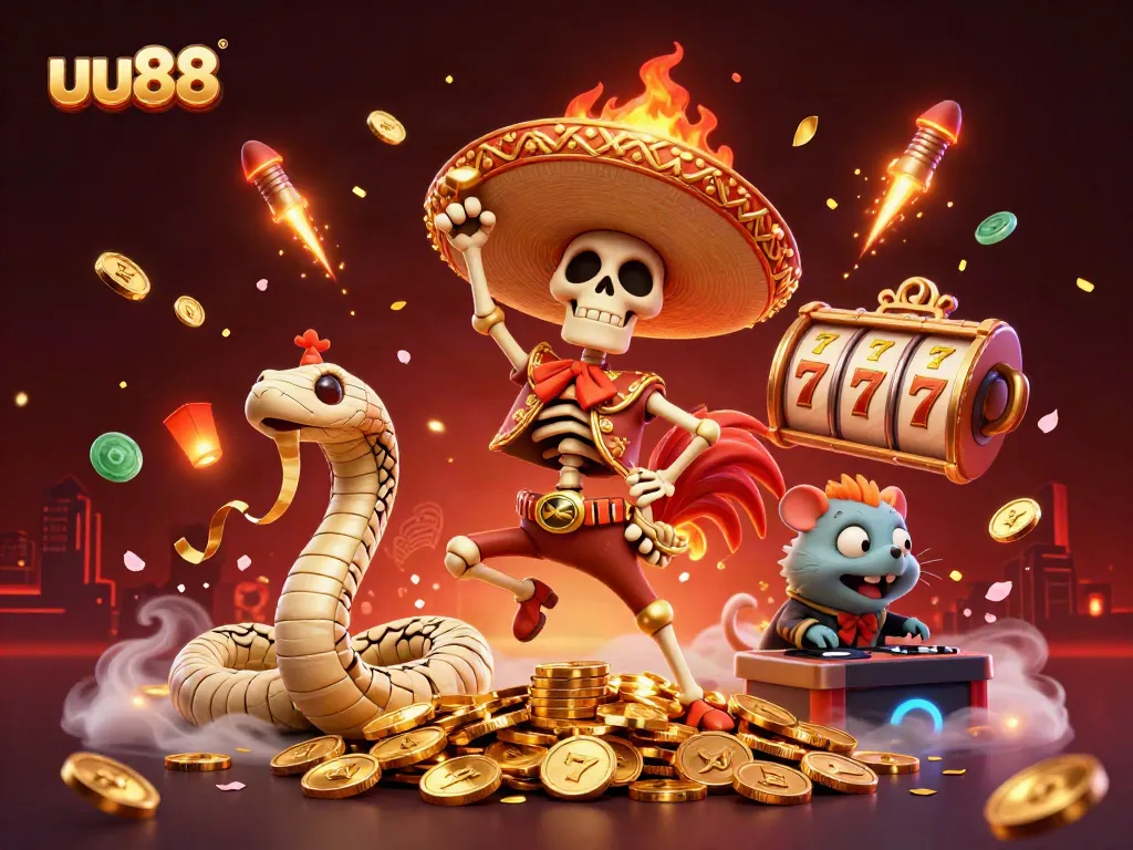 Experience the excitement of uu88 with a vibrant casino theme featuring lively characters and slot reels.