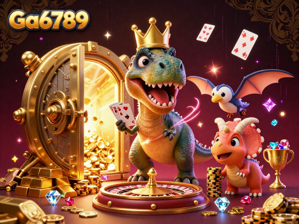 Engage with Ga6789's live casino adventure featuring a charming T-Rex and friends.