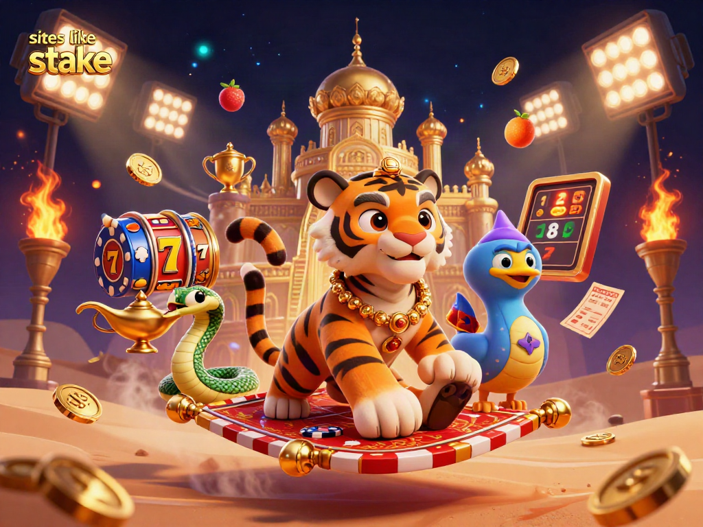 Experience vibrant gaming action at sites like stake, featuring slots and casino elements in a dynamic 3D scene.