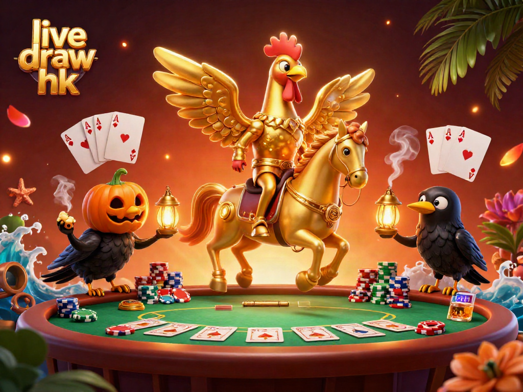 Experience live draw hk with a vibrant casino scene featuring golden rooster and poker elements.