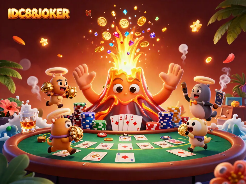 Experience thrilling gameplay at IDC88JOKER with a vibrant scene of a triumphant volcano erupting coins, surrounded by poker elements.