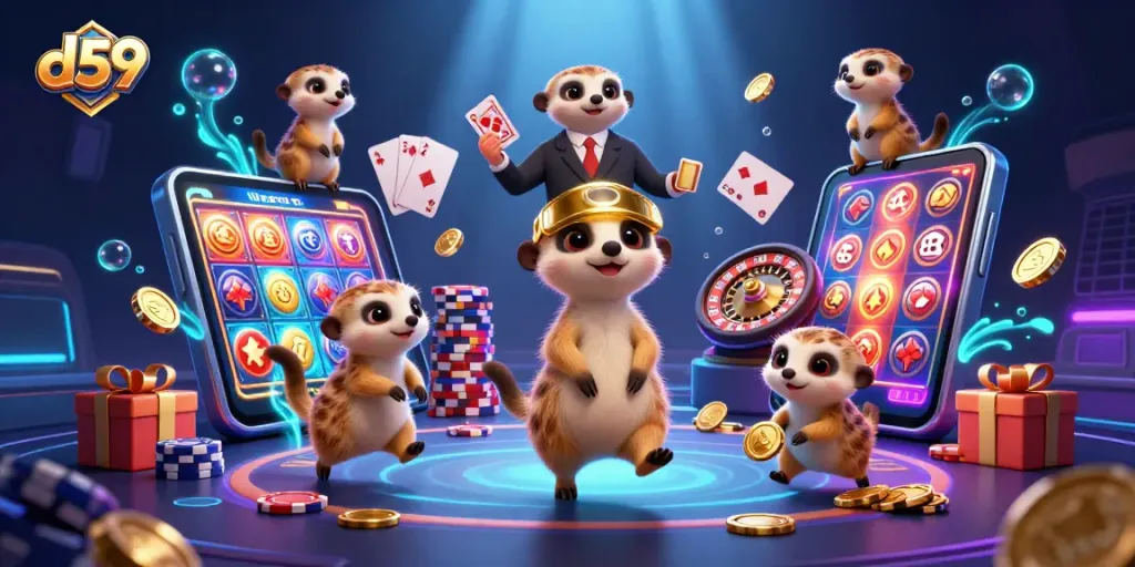 Menang di slot d59 dengan banyak chip dan permainan menarik dalam ilustrasi kasino yang ceria.