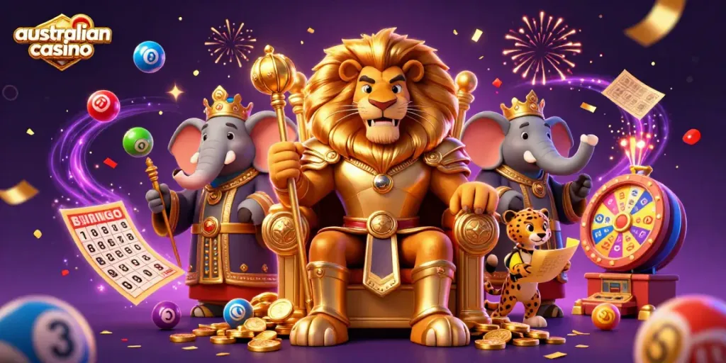 Engaging scene at an australian casino featuring a lion king, elephant advisor, and cheetah messenger amidst colorful lottery elements.