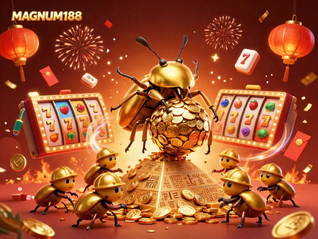 Experience winning thrills with MAGNUM188 through a vivid 3D golden beetle scene.
