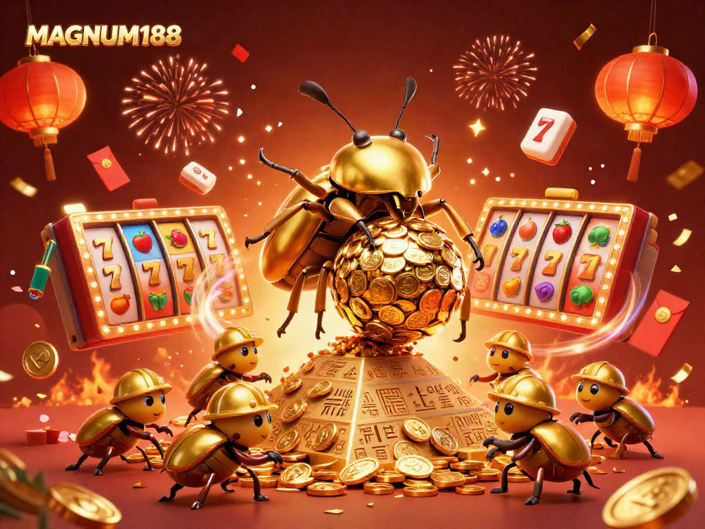 Experience winning thrills with MAGNUM188 through a vivid 3D golden beetle scene.