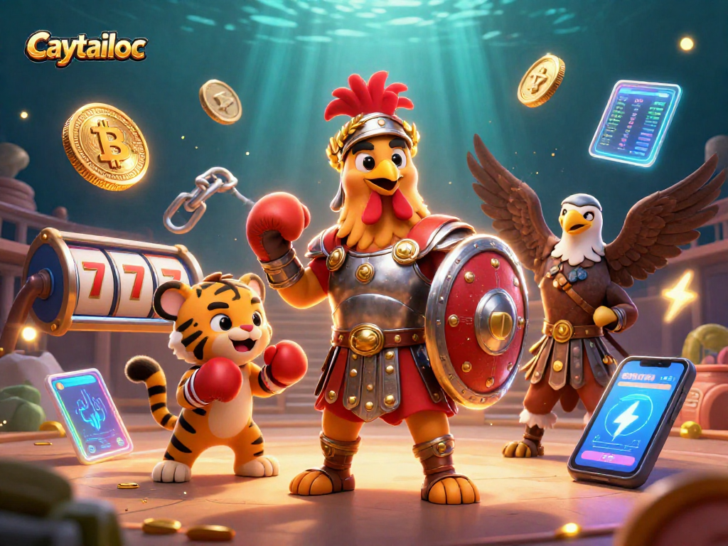 Experience the thrill of caytailoc with a dynamic scene featuring a gladiator rooster, slot reels, and vibrant crypto elements.