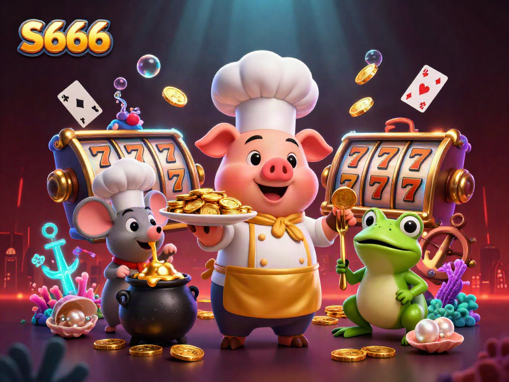 S666 offers an exciting gaming experience with a chef pig, mouse, and frog amidst gold coins and slot reels.
