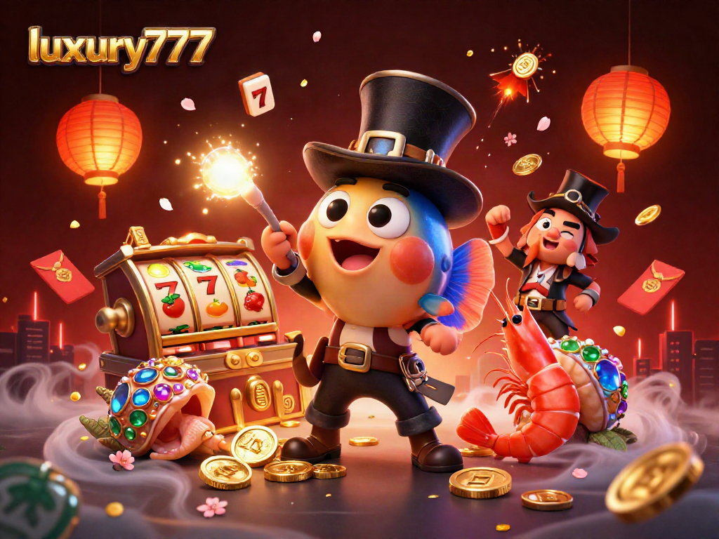 Menangkan jackpot dengan luxury777 sambil menarik koin emas dengan ikan pemancing bertopi, potret gamer yang mengasyikkan.