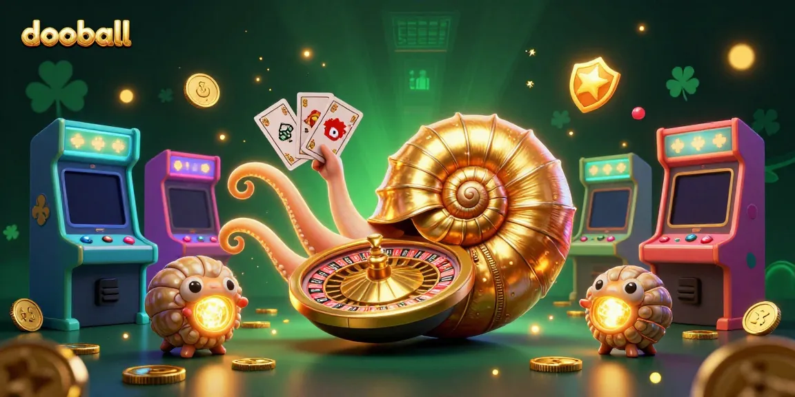 Experience thrilling dooball action as a giant nautilus holds cards amidst a dazzling casino scene.