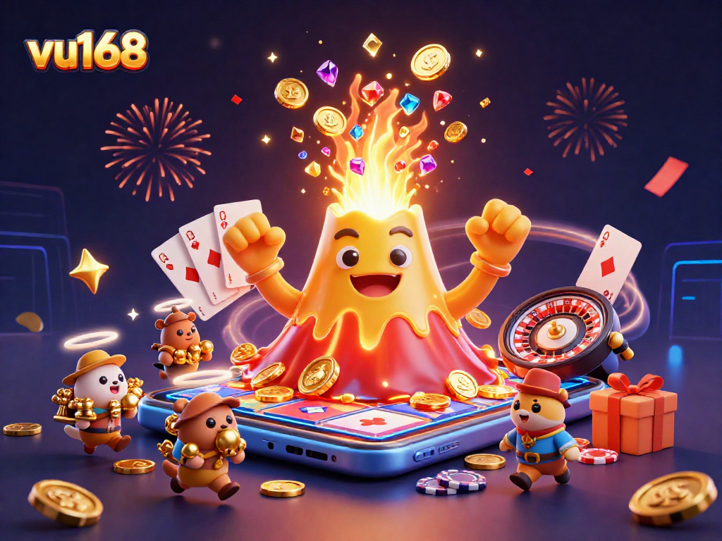 Experience the vibrant excitement of vu168 with dynamic gaming treasures and animated volcano action.