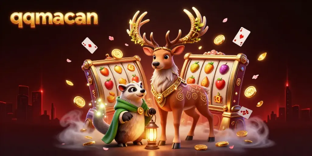 Engage with the thrill of qqmacan with a vibrant casino scene showcasing lively slot elements.