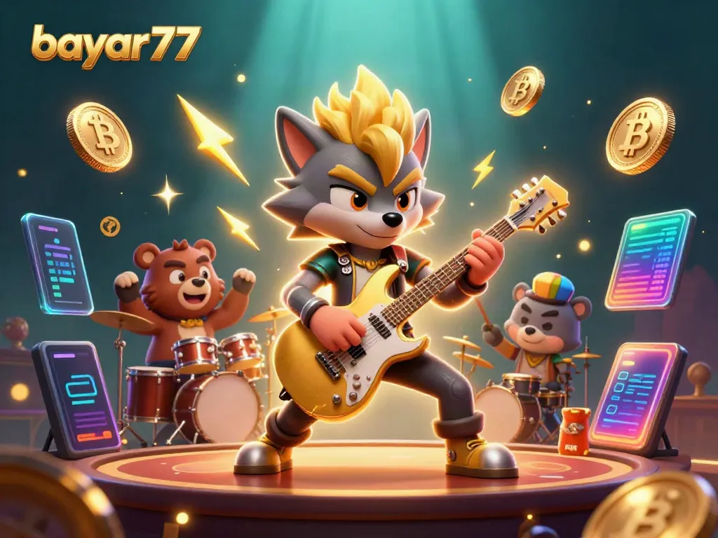Engage with the vibrant world of bayar77 with stunning 3D graphics featuring gaming and crypto elements.