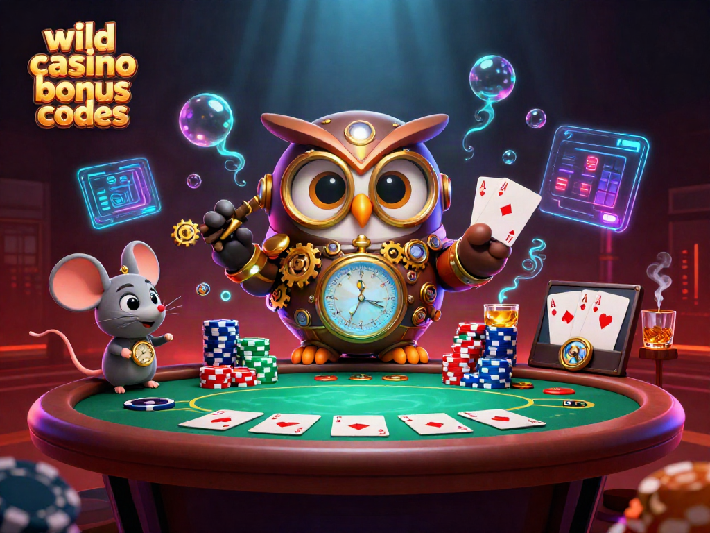 Explore wild casino bonus codes with a vibrant 3D scene of a time-traveling owl and poker elements.