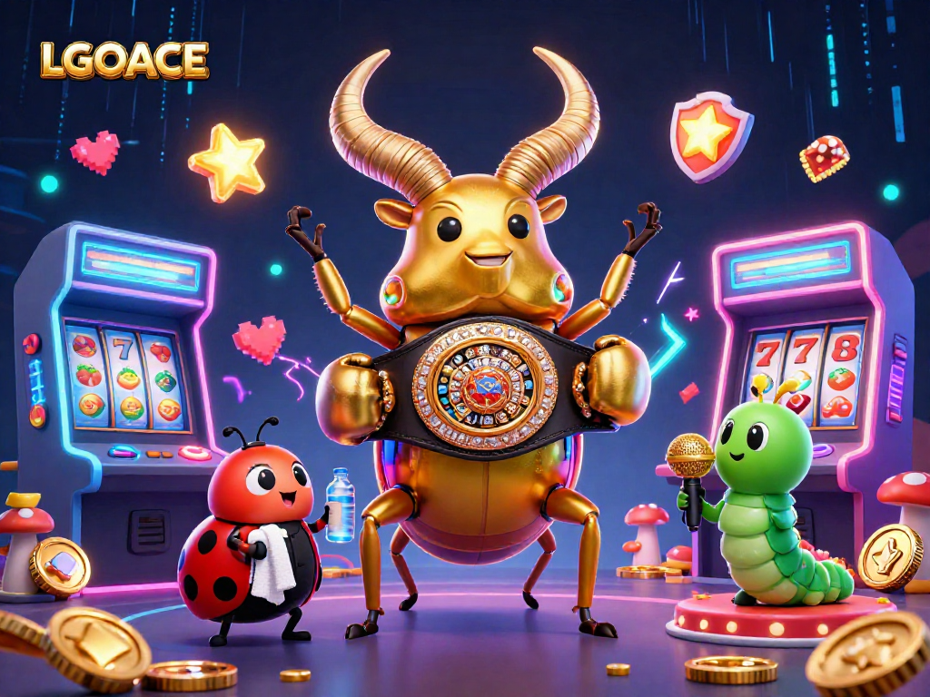 LGOACE showcases an energetic casino battle scene featuring cartoon beetles and vibrant game elements.
