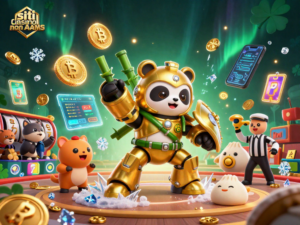 Gioca nei siti casino non AAMS con un panda dorato in un'arena di gioco animata.