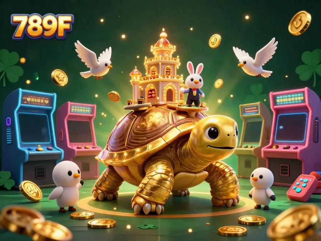 Engage in exciting gameplay at 789F, featuring a golden tortoise casino with vibrant game machines and a rabbit dealer.