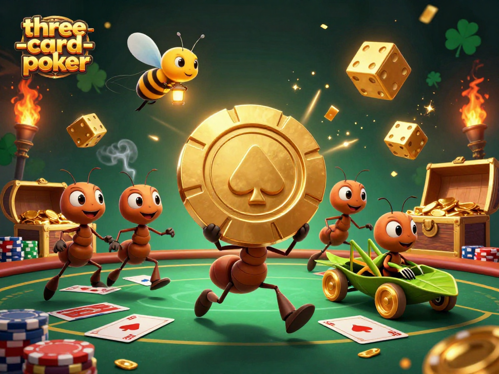 Experience thrilling three-card-poker action with a dynamic heist scene filled with gold and excitement.