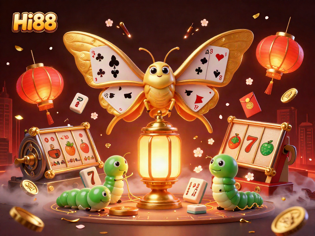 Hi88 showcases an engaging scene featuring a cartoon moth and casino elements, embodying the thrill of gambling.