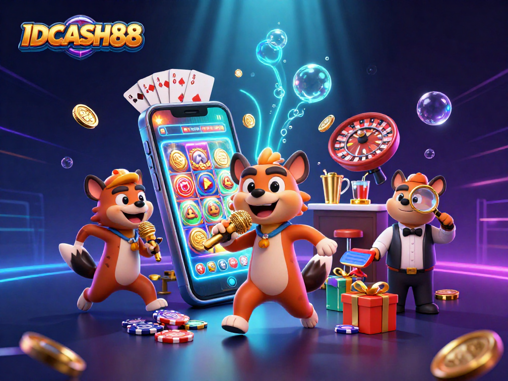 Experience the excitement at IDCASH88 with lively hyenas in a comedic casino scene filled with vibrant slot game elements.