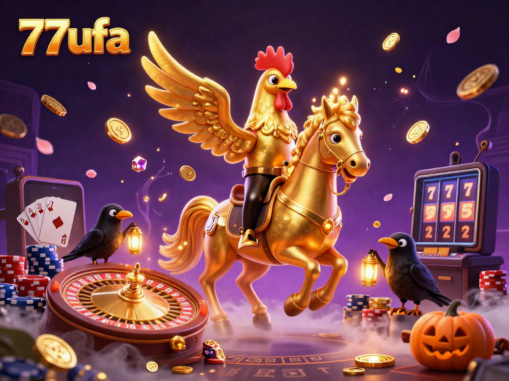 Experience the vibrant energy of 77ufa's casino games with a golden rooster and mystical elements.