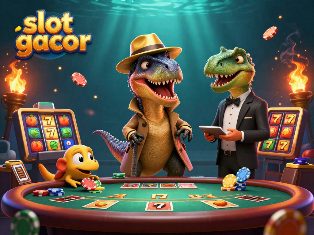 Mendapatkan jackpot bermain slot gacor dengan karakter dinosaurus yang menarik di meja.