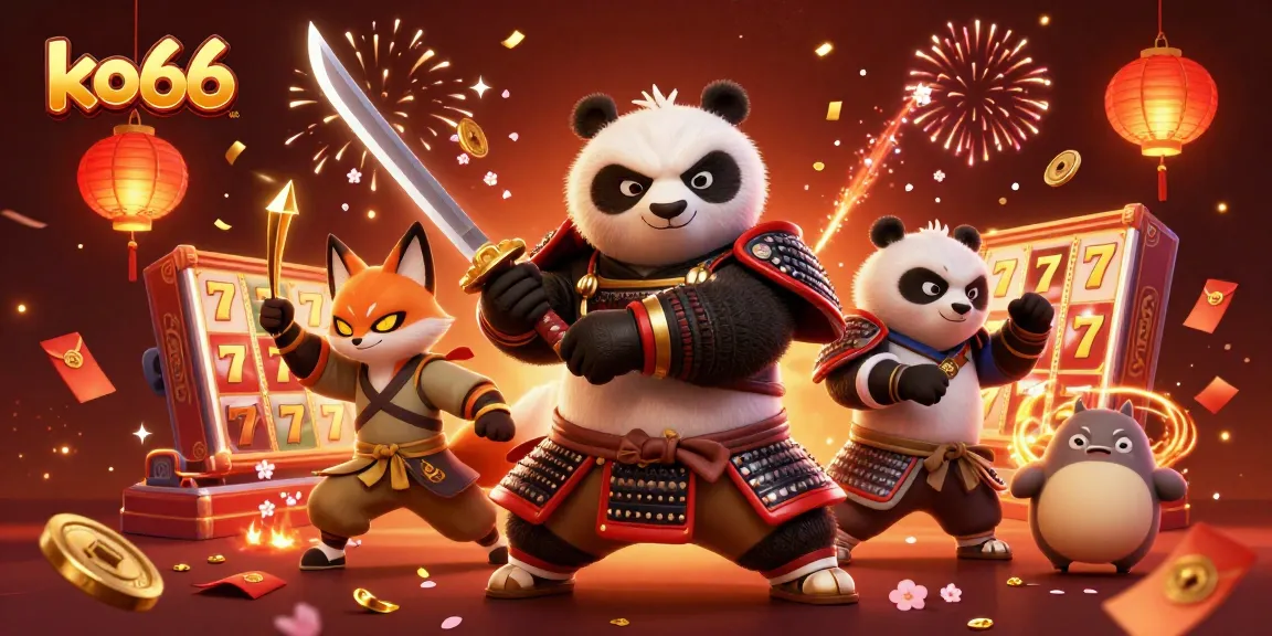 Experience the thrilling slots at ko66 with a vibrant 3D cartoon illustration featuring samurai panda and ninja fox.