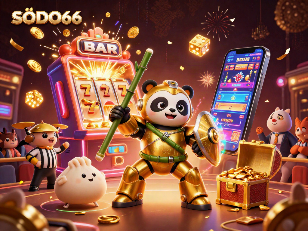 SODO66 casino illustration showcasing thrilling gameplay with slot machines, golden panda characters, and jackpot excitement