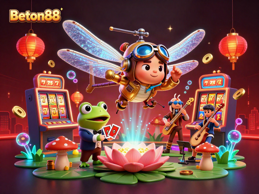 Beton88: Pilot perjudian capung di kasino, croupier katak, dan musisi jazzy dalam ilustrasi.