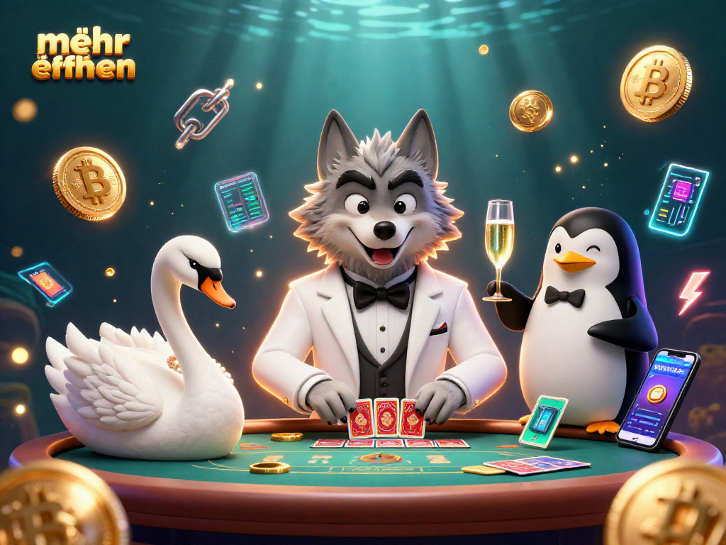 Experience mehr erfahren as a debonair wolf plays baccarat with a swan dealer and a penguin sommelier.