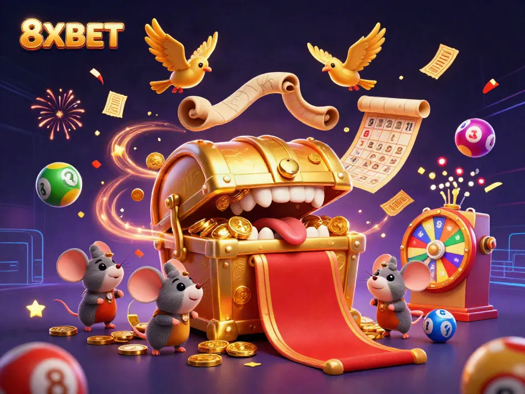 Engage with 8XBET’s vibrant gaming experience featuring a treasure chest and lottery elements.