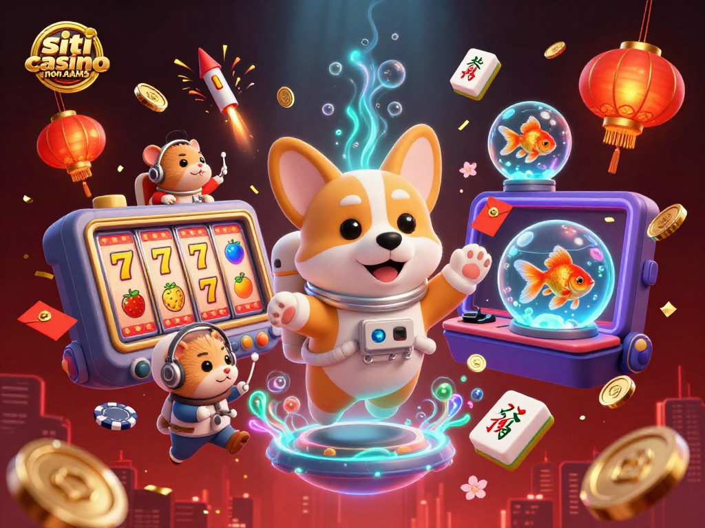 Scopri i siti casino non AAMS in un'illustrazione vibrante con un corgi astronauta e elementi di gioco intriganti.