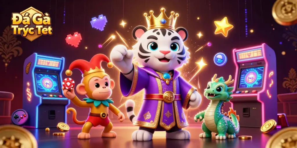 Experience Đá Gà Trực Tiếp with vibrant 3D characters and gambling elements for immersive action.