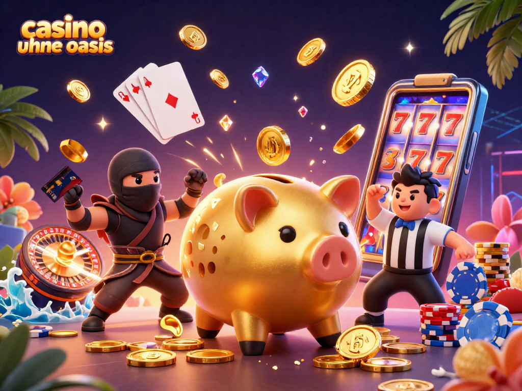 Engage with casino ohne oasis in this vibrant 3D cartoon scene featuring lively game elements.