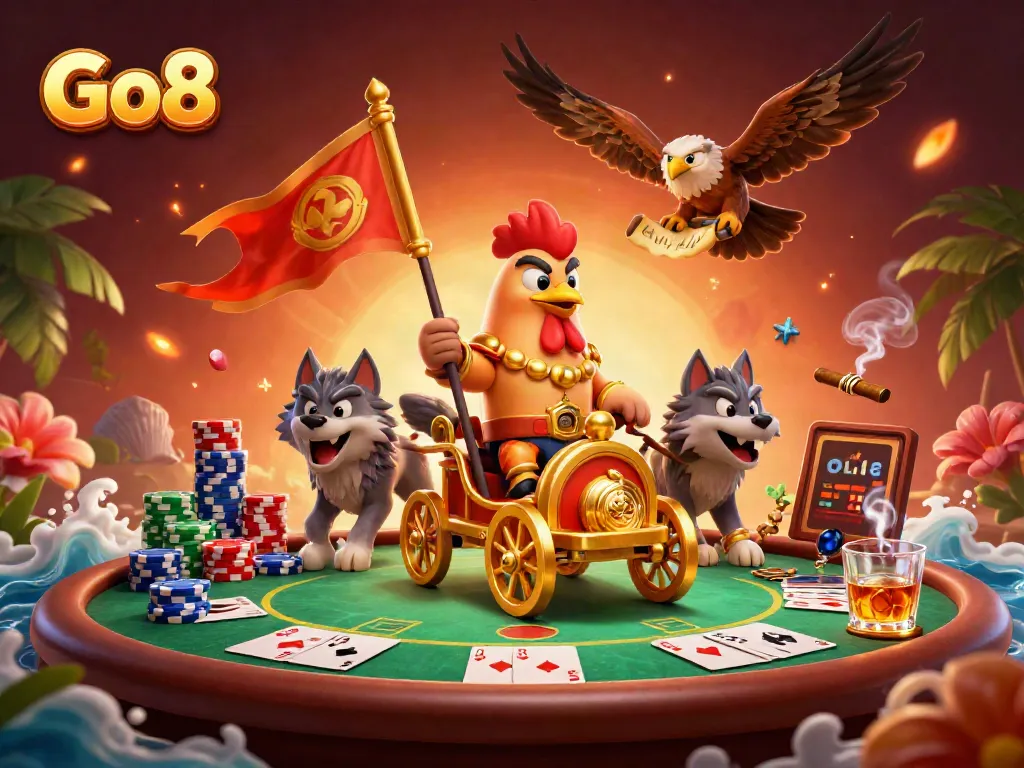Experience Go8 with an engaging scene of a rooster warlord leading a dynamic poker game.