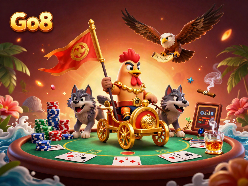Experience Go8 with an engaging scene of a rooster warlord leading a dynamic poker game.