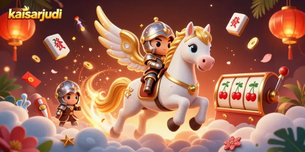 Kaisarjudi sparks excitement with a 3D illustration of a galloping horse and knight amidst casino elements.