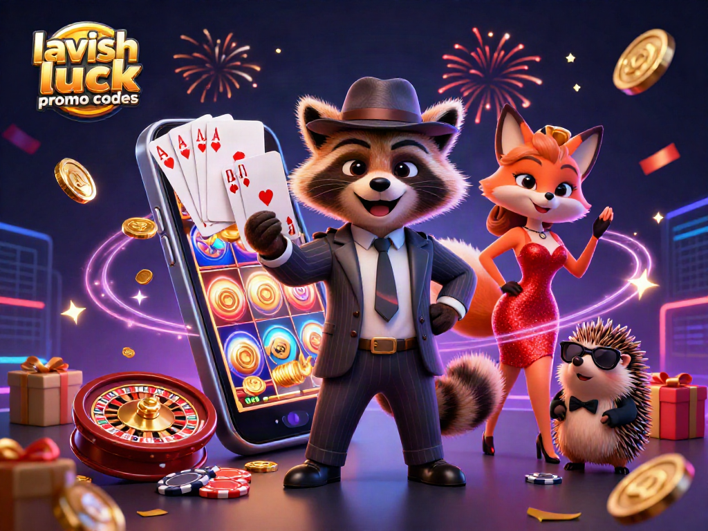 Engage with lavish luck promo codes in an exciting 3D casino scene featuring colorful slot games and festive characters.