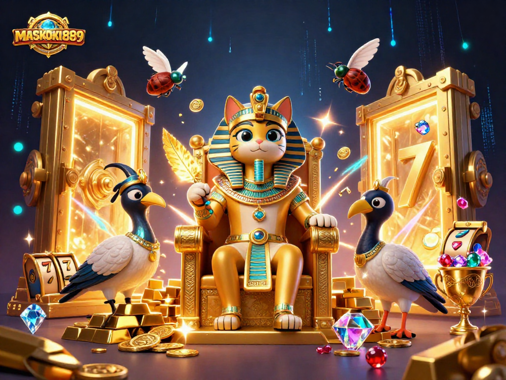 Join the thrill at MASKOKI889 with vibrant casino elements in a dynamic, colorful scene.